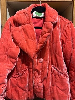 Anthropology NWOT pinkish, coral velvet, puffer jacket, Velvet Jacket cropped